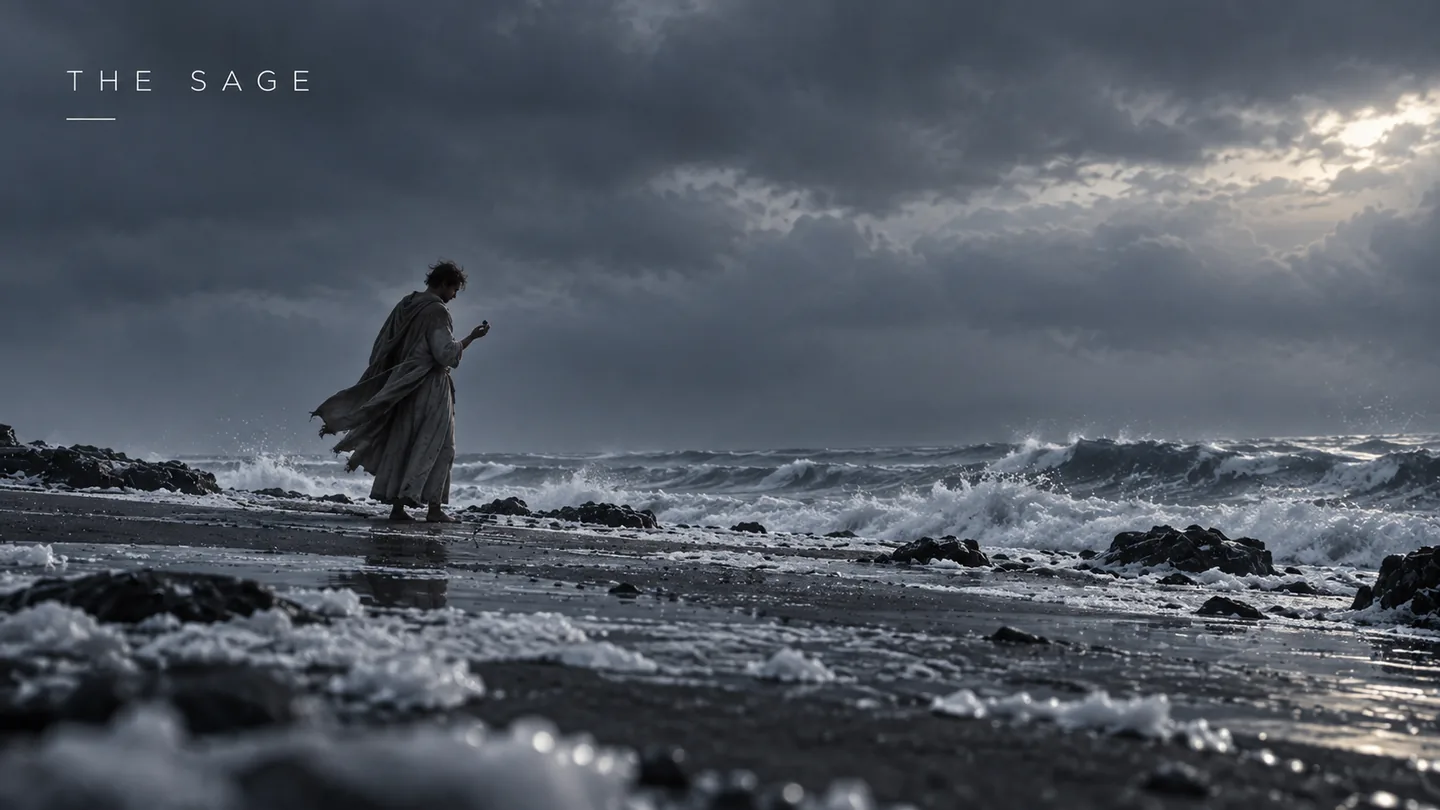 The Sage: a robed figure on a stormy, frozen shore
