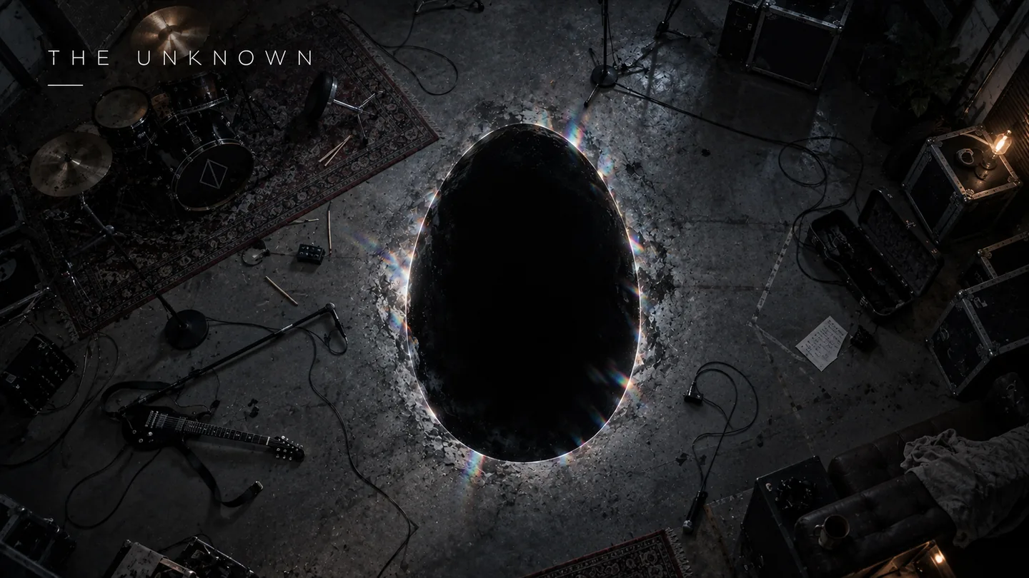 The Unknown: a black ovoid opening in the floor of a rehearsal room among scattered instruments