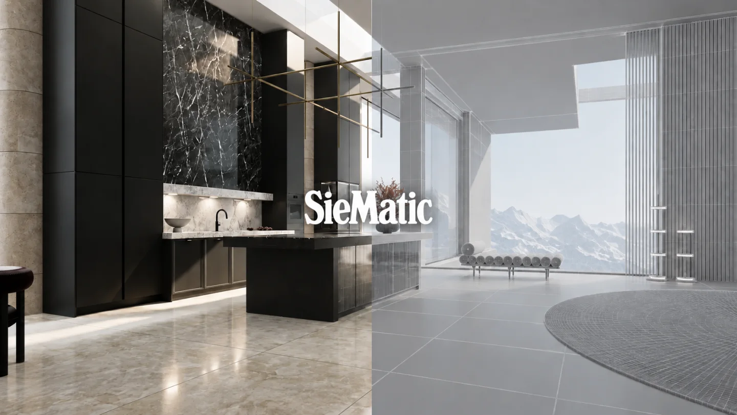 A SieMatic kitchen aligned across a finished architectural photograph and its grey 3D model, with the SieMatic wordmark centered over the transition