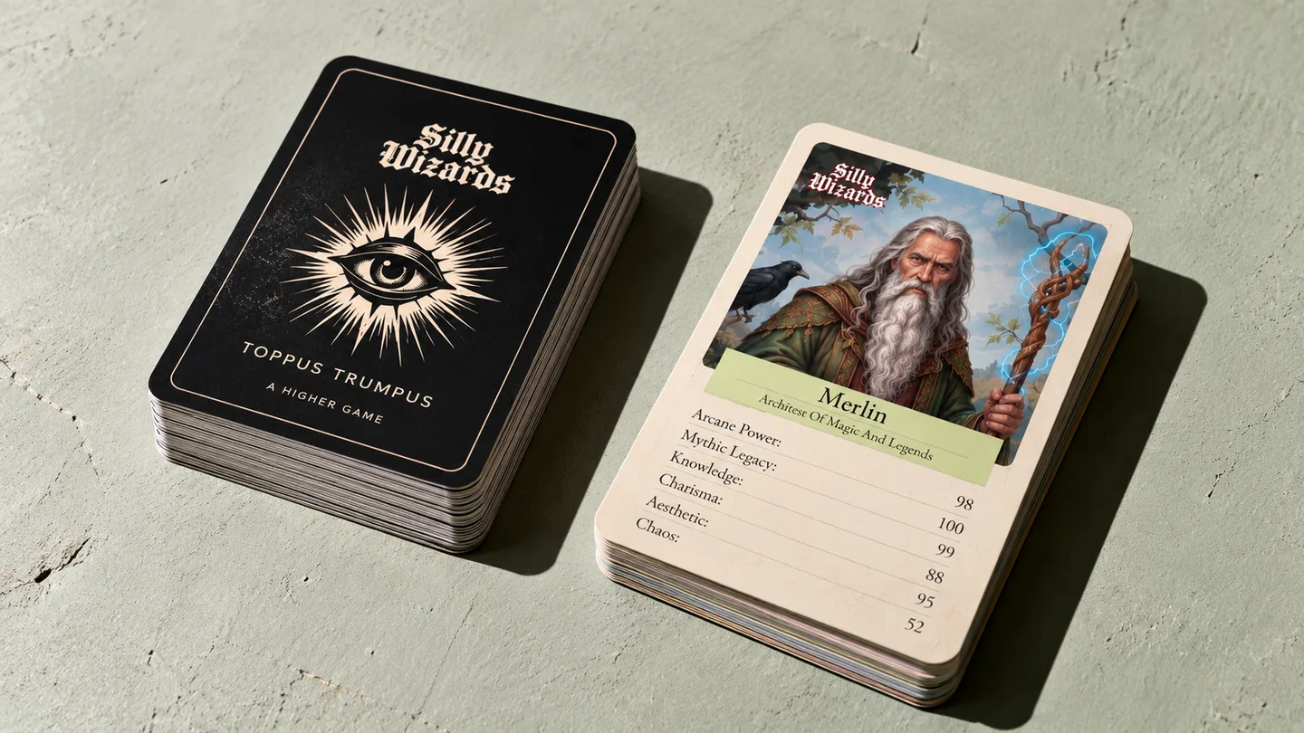 The Toppus Trumpus deck face down beside the Merlin card, scored across six measures