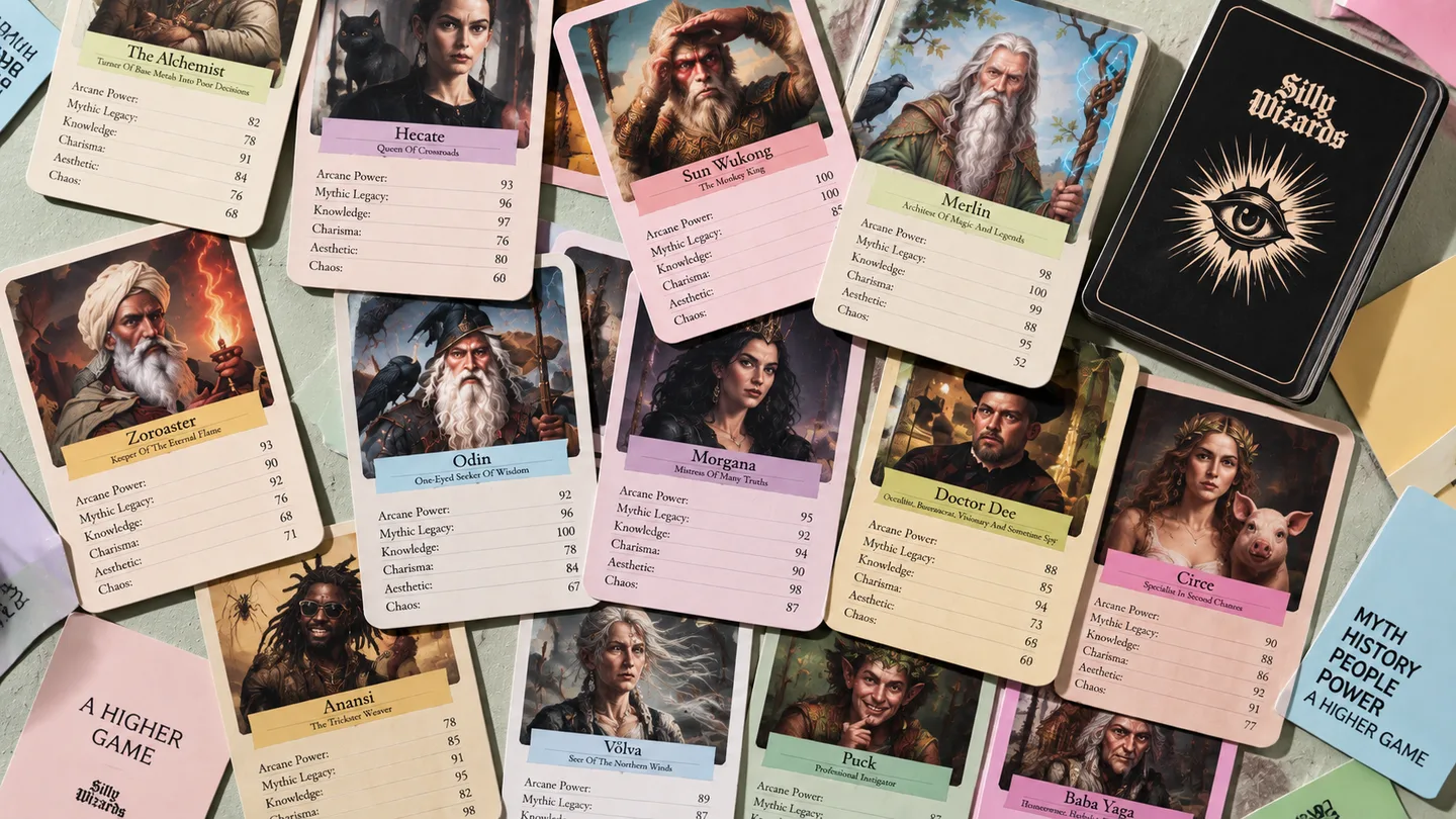 The full set spread out: Hecate, Sun Wukong, Zoroaster, Odin, Morgana, Doctor Dee, Circe, Anansi and Baba Yaga among others