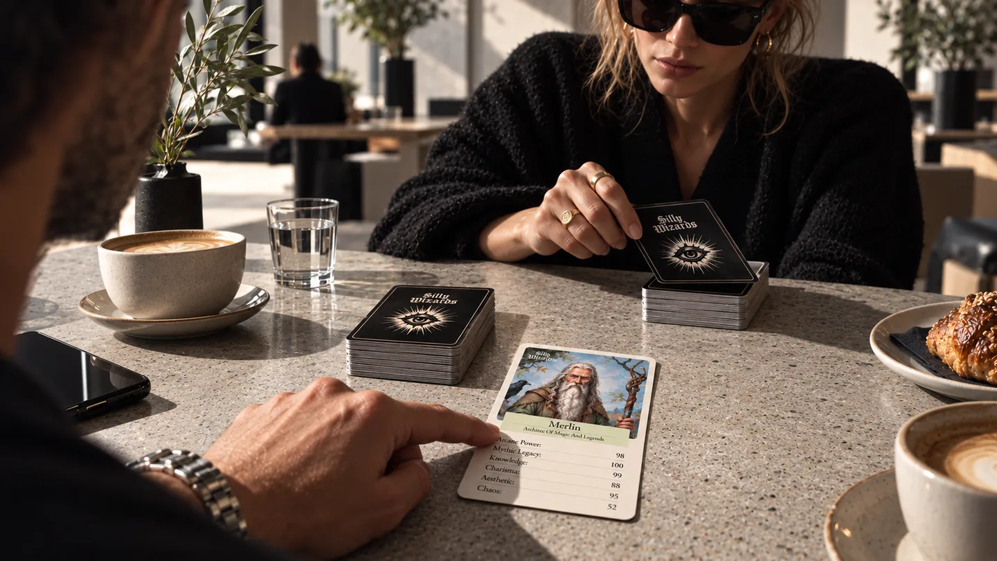 A hand plays the Merlin card onto a cafe table beside the face-down deck, with coffee, a glass and a croissant, and the other player opposite