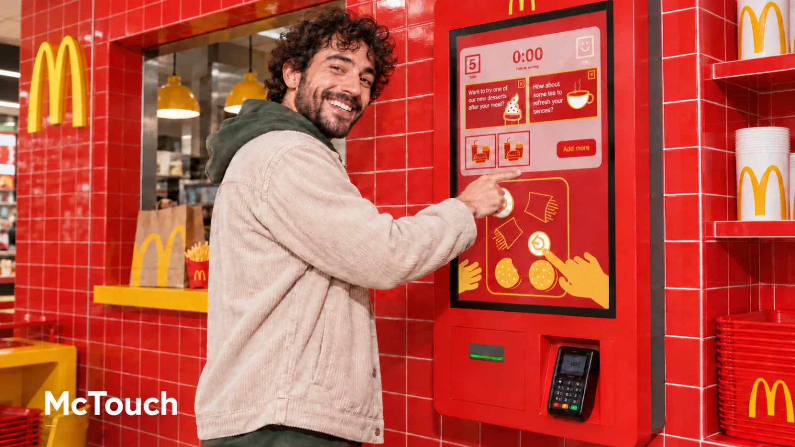 A man using the McTouch application on a wall-mounted touchscreen in a red and yellow McDonald&rsquo;s interior