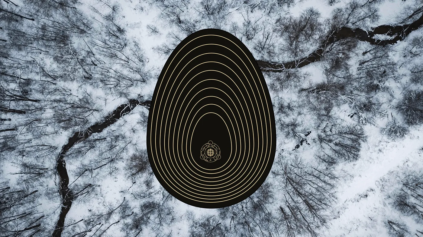 The Spring in December black concentric ovoid suspended above an aerial winter forest