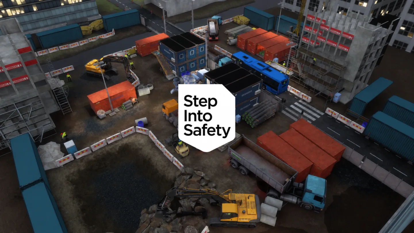 Aerial view of the Step Into Safety virtual construction site with the project logo centred over the scene