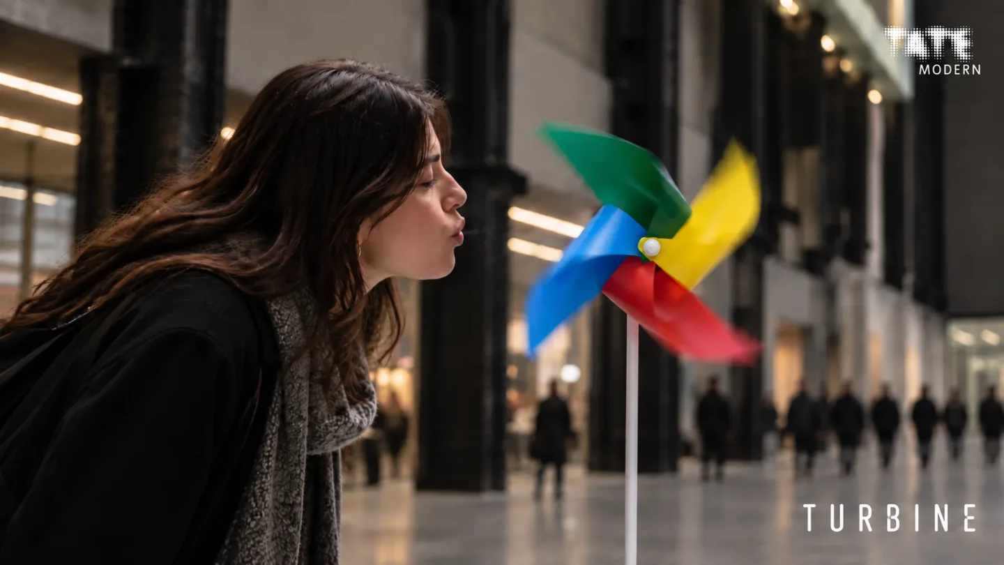 A visitor blowing on the small multicoloured Turbine windmill in Tate Modern, with the Tate Modern logo at upper right