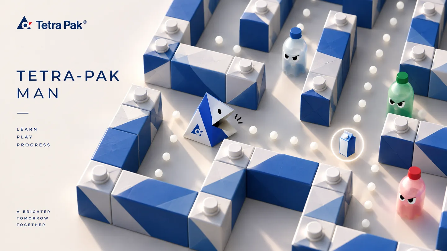 Tetra-Pak Man title art: a triangular carton hero in a maze of blue and white cartons, chased by bottle ghosts