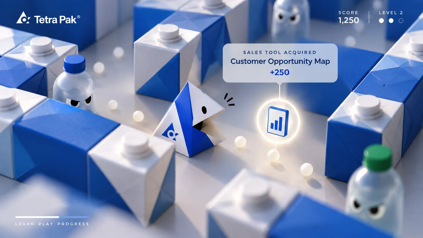 Gameplay: the hero collects a sales tool, the Customer Opportunity Map, for 250 points