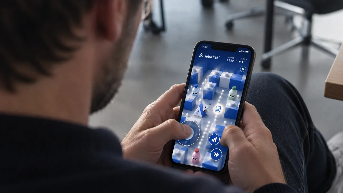 A player holding a phone running Tetra-Pak Man