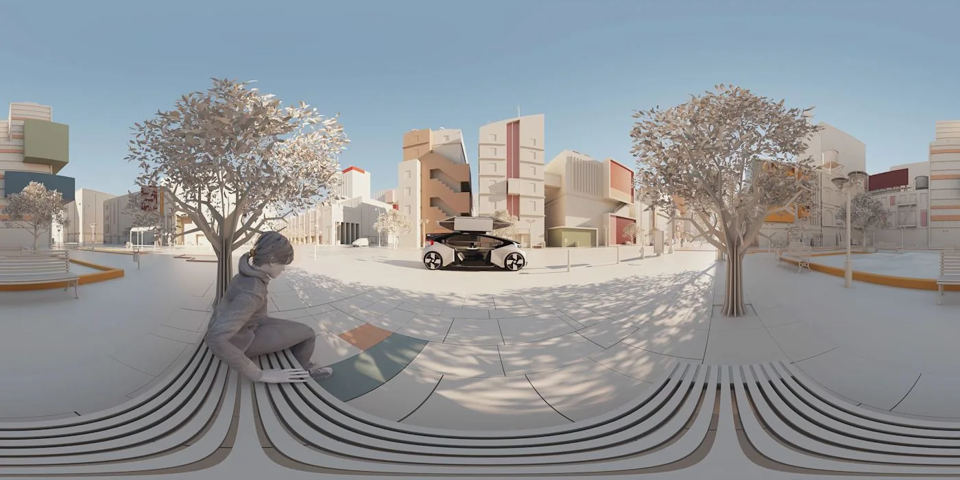 A panoramic virtual city square with the Volvo 360C concept vehicle at its centre