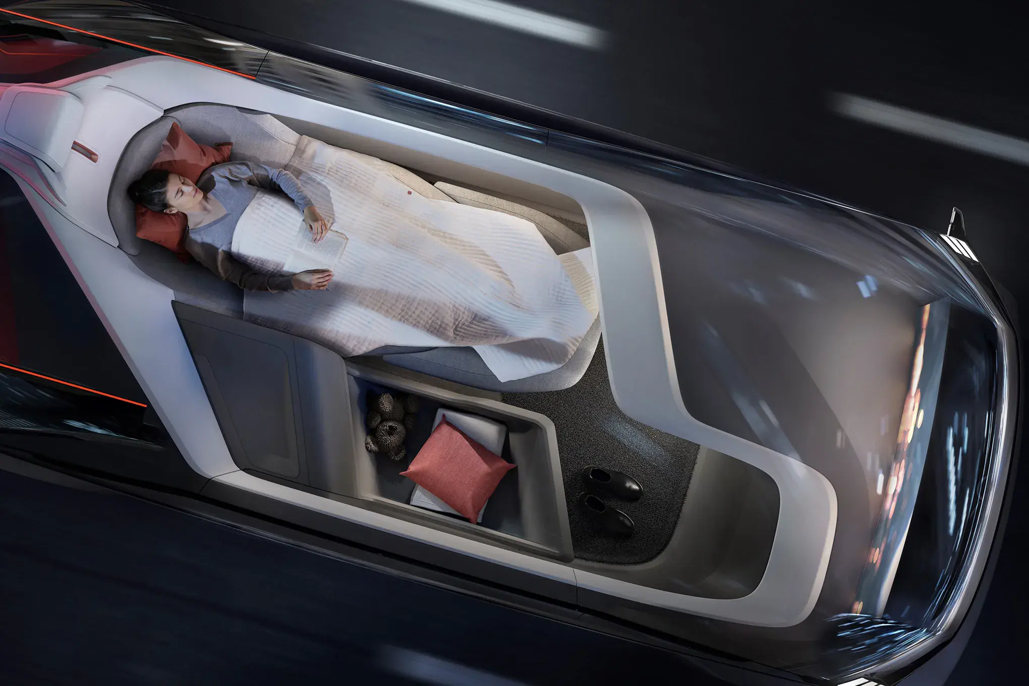 Overhead view of a passenger sleeping inside the Volvo 360C concept vehicle