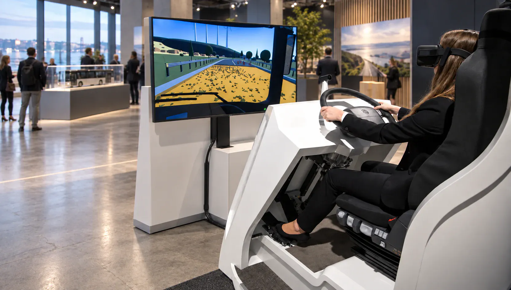 A visitor trying the Volvo Dynamic Steering VR simulator on a Scandinavian exhibition floor