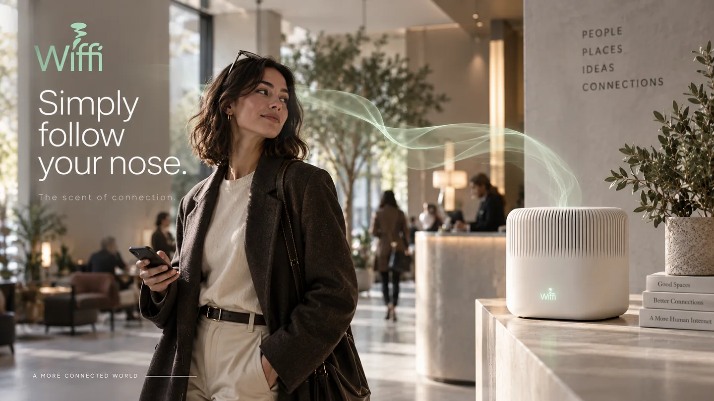 A woman in a hotel lobby looks up from her phone, following a ribbon of green scent from a Wiffi router on the desk
