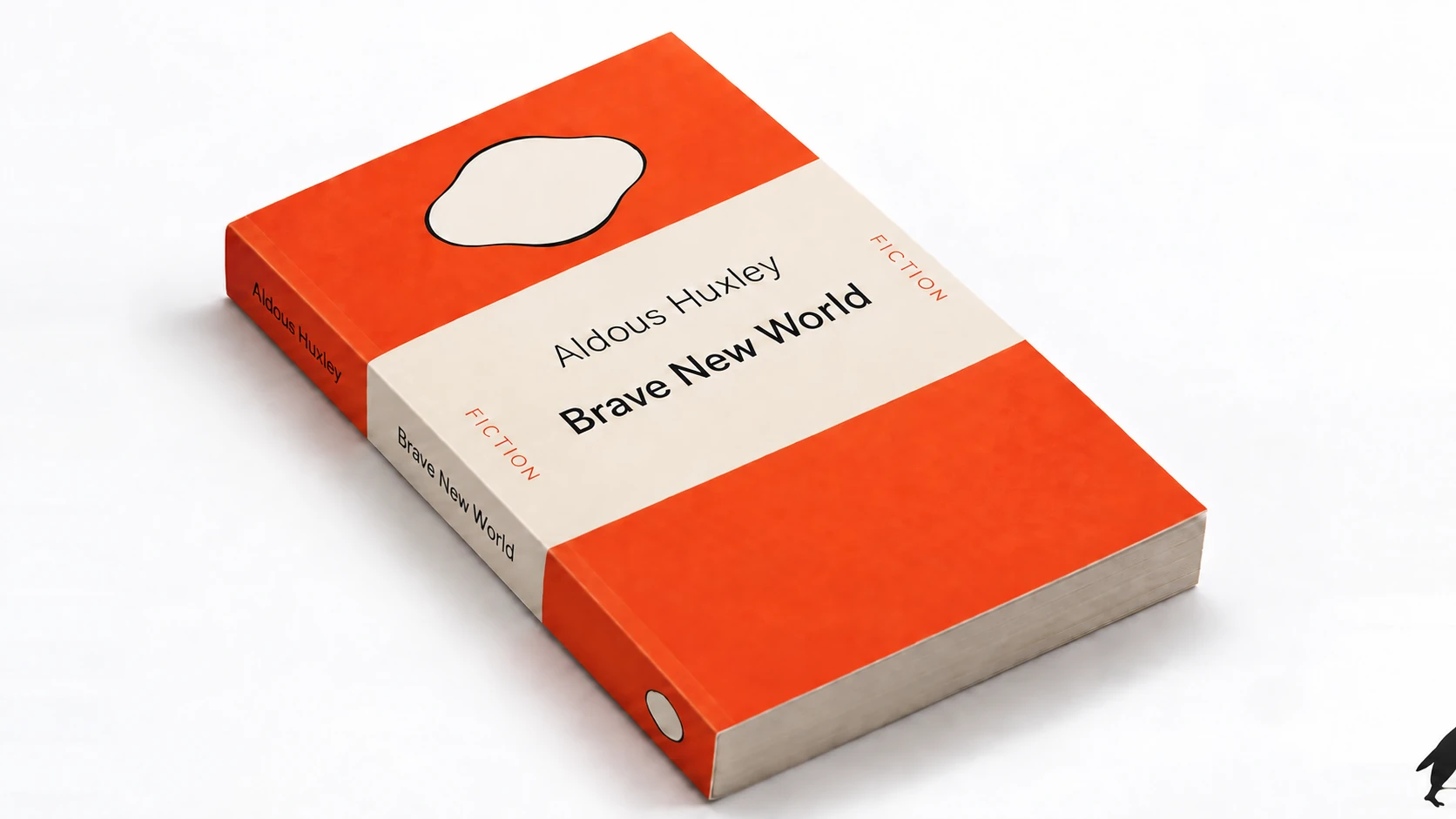 A Penguin paperback of Brave New World with an empty cartouche and a tiny penguin disappearing beyond the frame