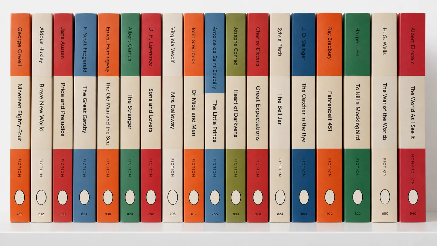 A shelf of Penguin classics, every spine with an empty oval where the penguin used to sit