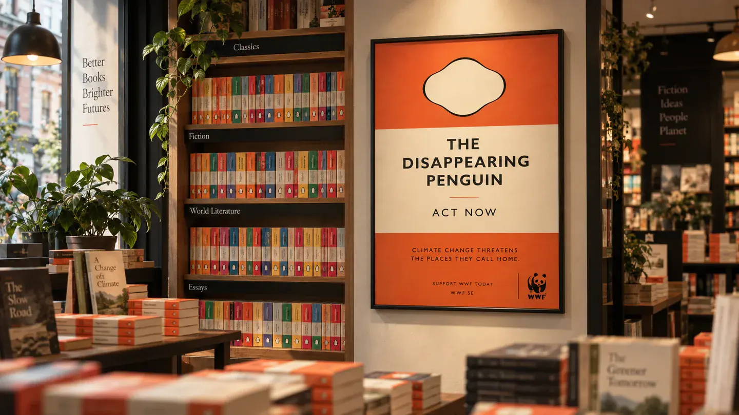 A bookshop poster in Penguin style reading The Disappearing Penguin, Act Now, with the WWF logo