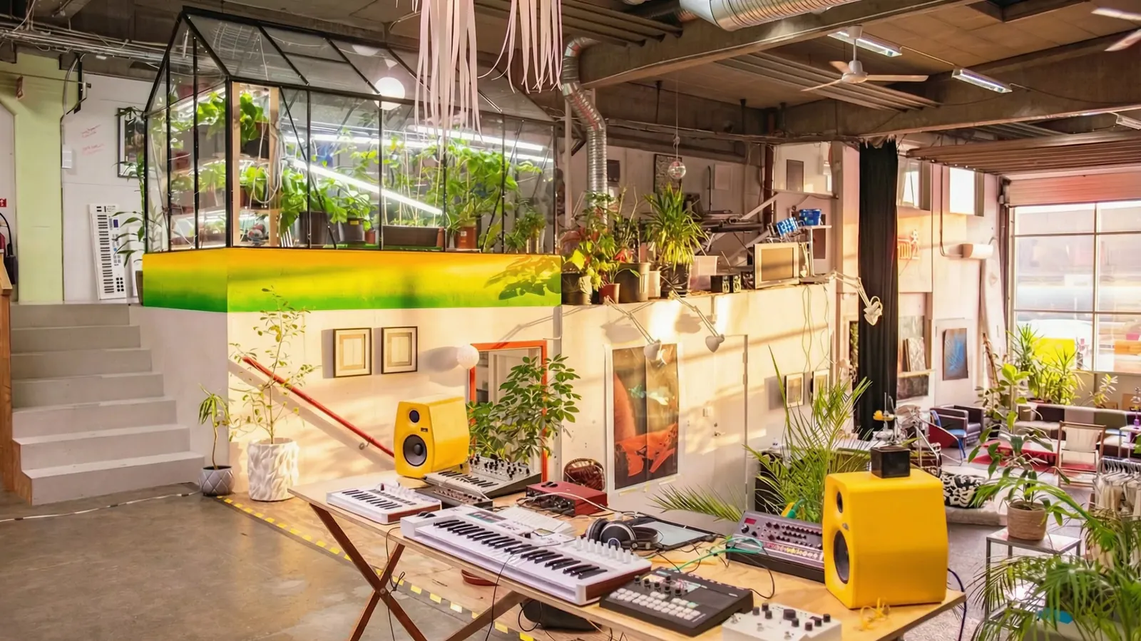 The studio at Kokokaka: a glasshouse of plants above a workspace of synthesisers, speakers and pictures